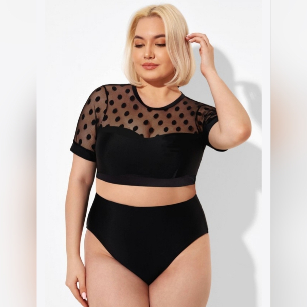Chic Black Polka Dot Mesh Swim Crop Top